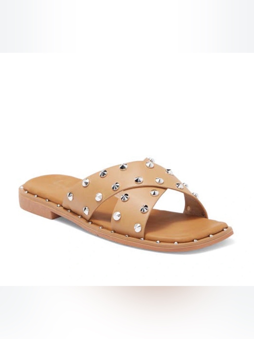 Nicole Miller New York Studded Leather Criss Cross Slide Sandals Tan Size 7.5